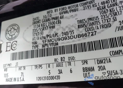 2013 Ford Escape Se from USA, damaged, VIN 1FMCU9G93DUB66727